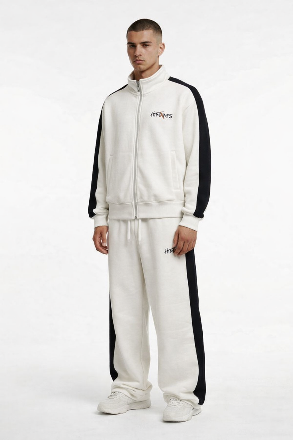 Men White Solid Round Neck Full Sleeve Winter Tracksuit
