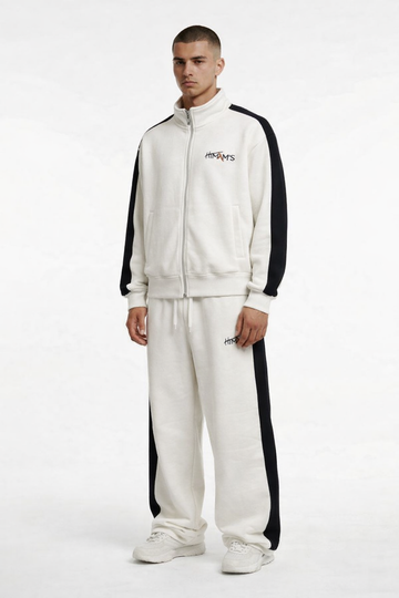 Men White Solid Round Neck Full Sleeve Winter Tracksuit